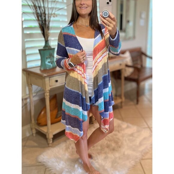 Asymmetric Cardigan Striped Open Light Sweater Long Sleeve Blue Coral Multi 0720 - Picture 1 of 11